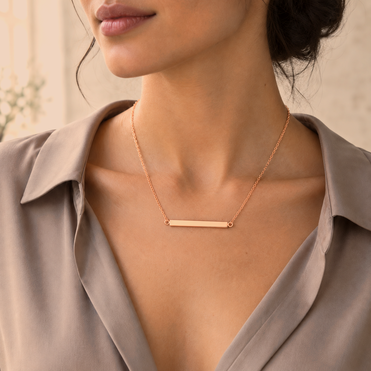Aroa bar necklace worn - campaign photograph
